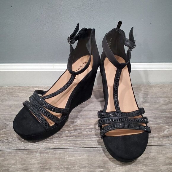 Torrid Women's Sz 10 WW Black Wedge Heels Back Heel Zipper Open Toe Rhinestones - Picture 1 of 15